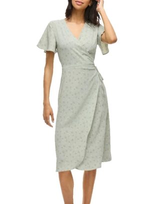 Vestido midi de manga corta Lovie Wrap de marca Vila verde pastel