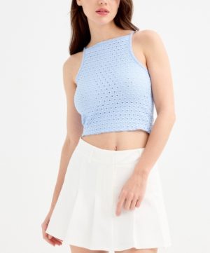 Top de mujer bordado suizo azul claro/beige