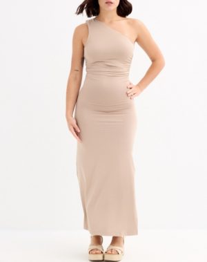 Vestido maxi asimétrico y fruncido color gris-beige INSIDE